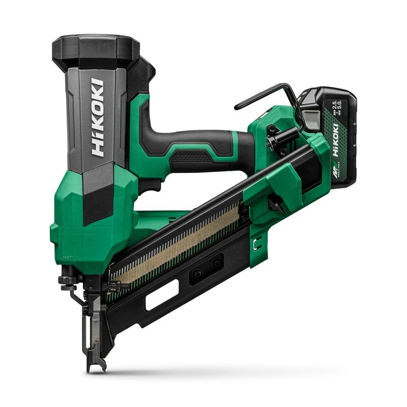 A green and black Hikoki cordless nail gun shown from a three-quarters angle on a clean white background.