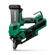 A Hitachi cordless nail gun with a green and black design, shown from a three-quarters angle on a white background.
