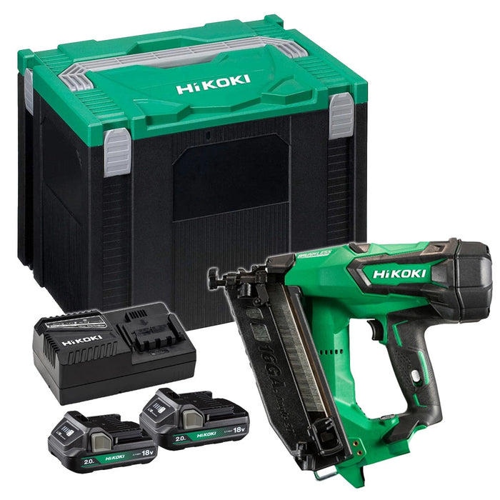 HiKOKI NT1865DMBJYZ 18V 16GA Brushless Angled Finish Nail Gun – 2x 2.0Ah Batteries, Charger & System Case