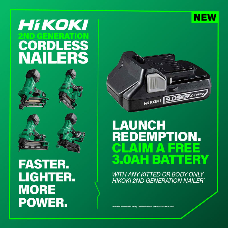 HiKOKI 18V 15GA Brushless Angled Finish Nailer – NT1865DAAJXZ (Includes 2 x 2.0Ah Batteries, Charger & Case)